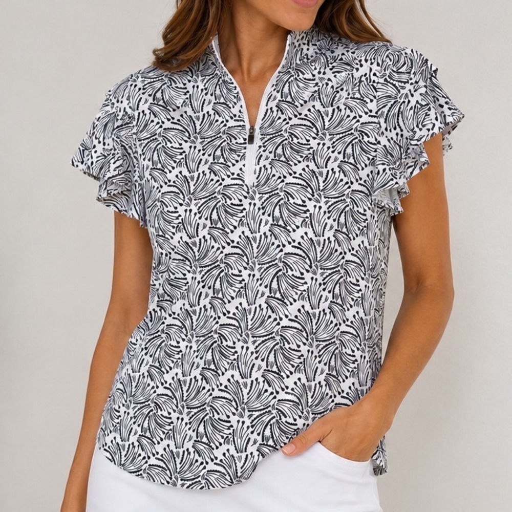 The American Outdoorsman M Black White Floral Ruffle Sleeve Quarter Zip Top